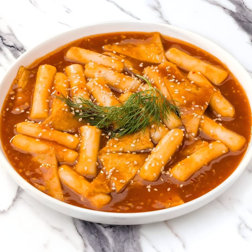 Arkanseoul's Tteokbokki, a Korean dish with rice cakes and fish cakes in a spicy red sauce.