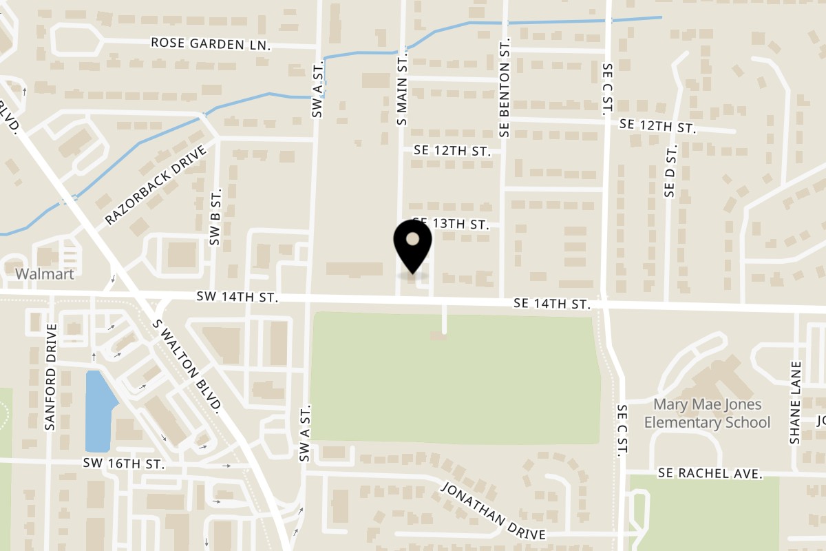 Map showing the location of Arkanseoul on 1335 S Main St Suite 1 in Bentonville